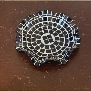 Mid Century Modern Style Mosaic Glass Candy Trinket Dish  Black White Wavy